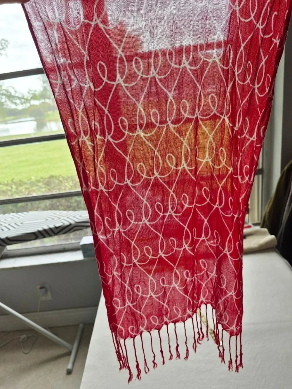 Hallmark Red with White scribbles Long Scarf Knotted Fringe 74